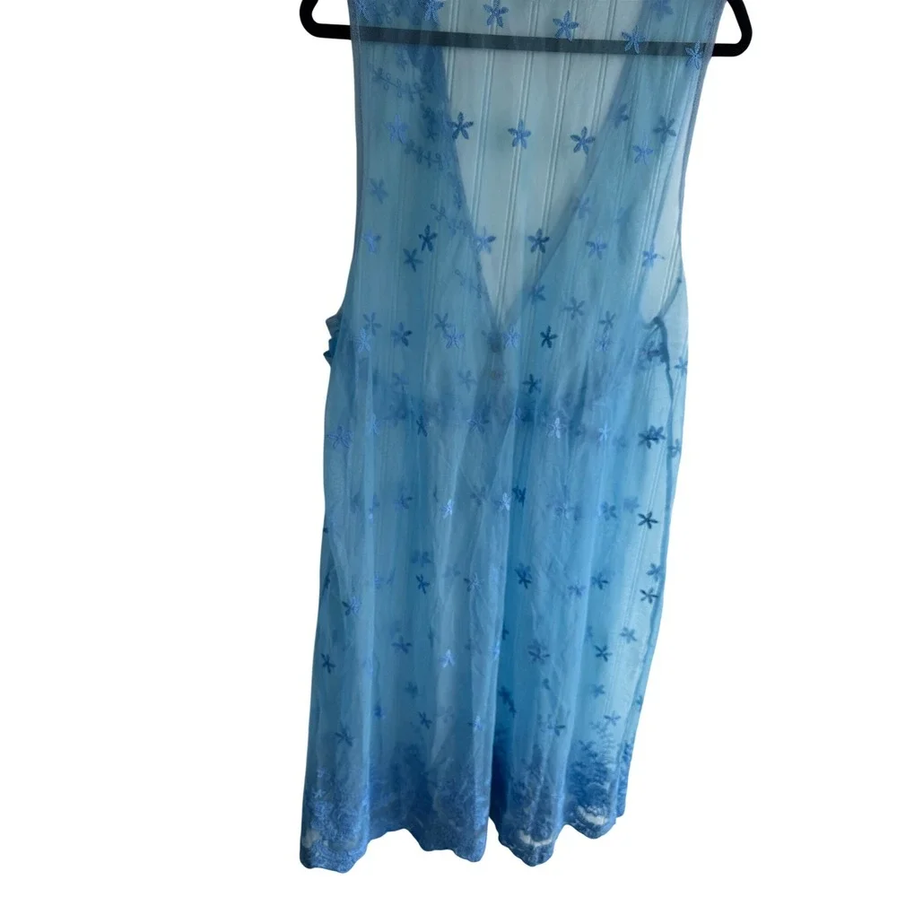 Blue Embroidered Mesh Sheer V-Neck Empire Waist Dress XXL‎ Boho Mermaid Fairy